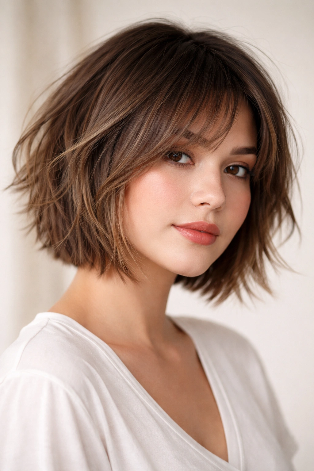 Close-up of a choppy bob with airy interior layers showing texture and uneven ends