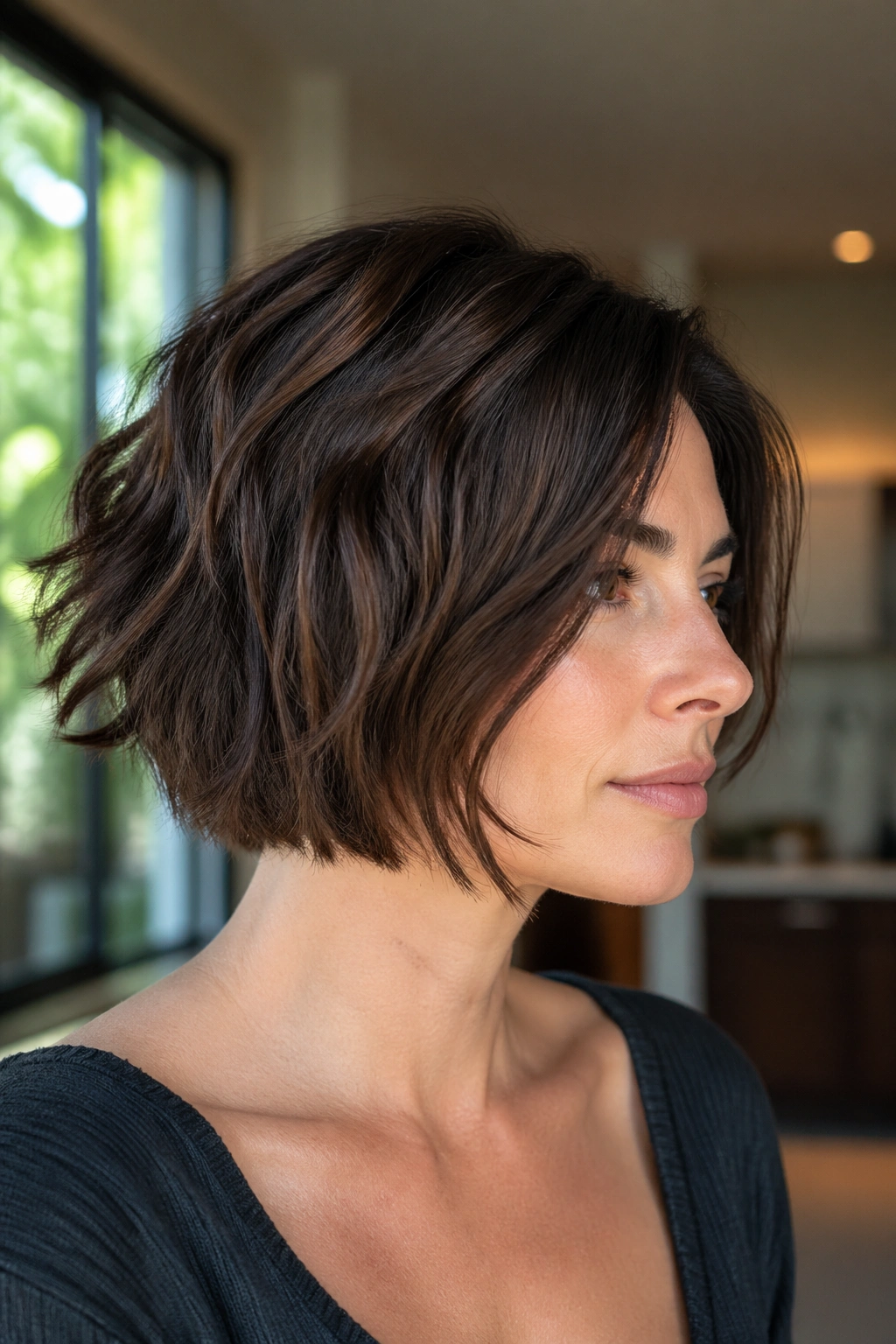 Portrait of a real woman with a choppy bob showing internal layers