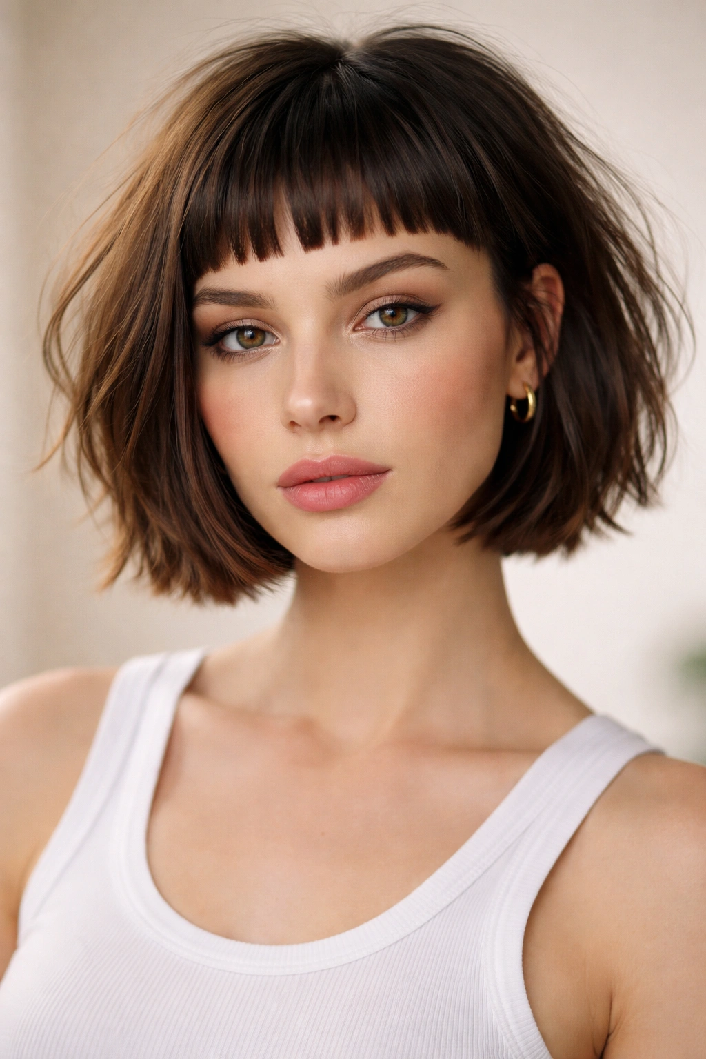 Choppy chin-length bob with micro bangs and jagged ends
