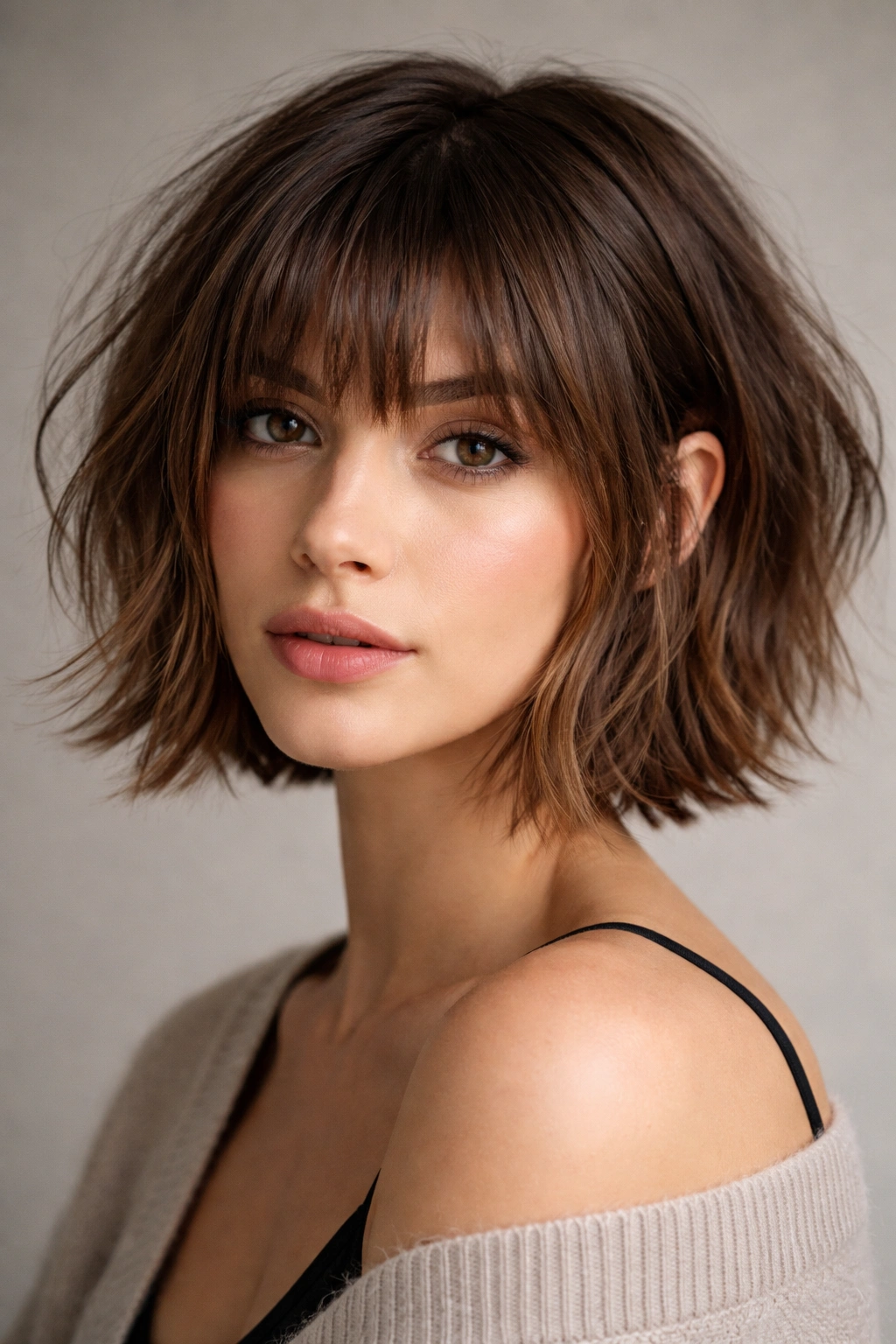 Close-up portrait of a choppy bob with piecey bangs and textured ends.