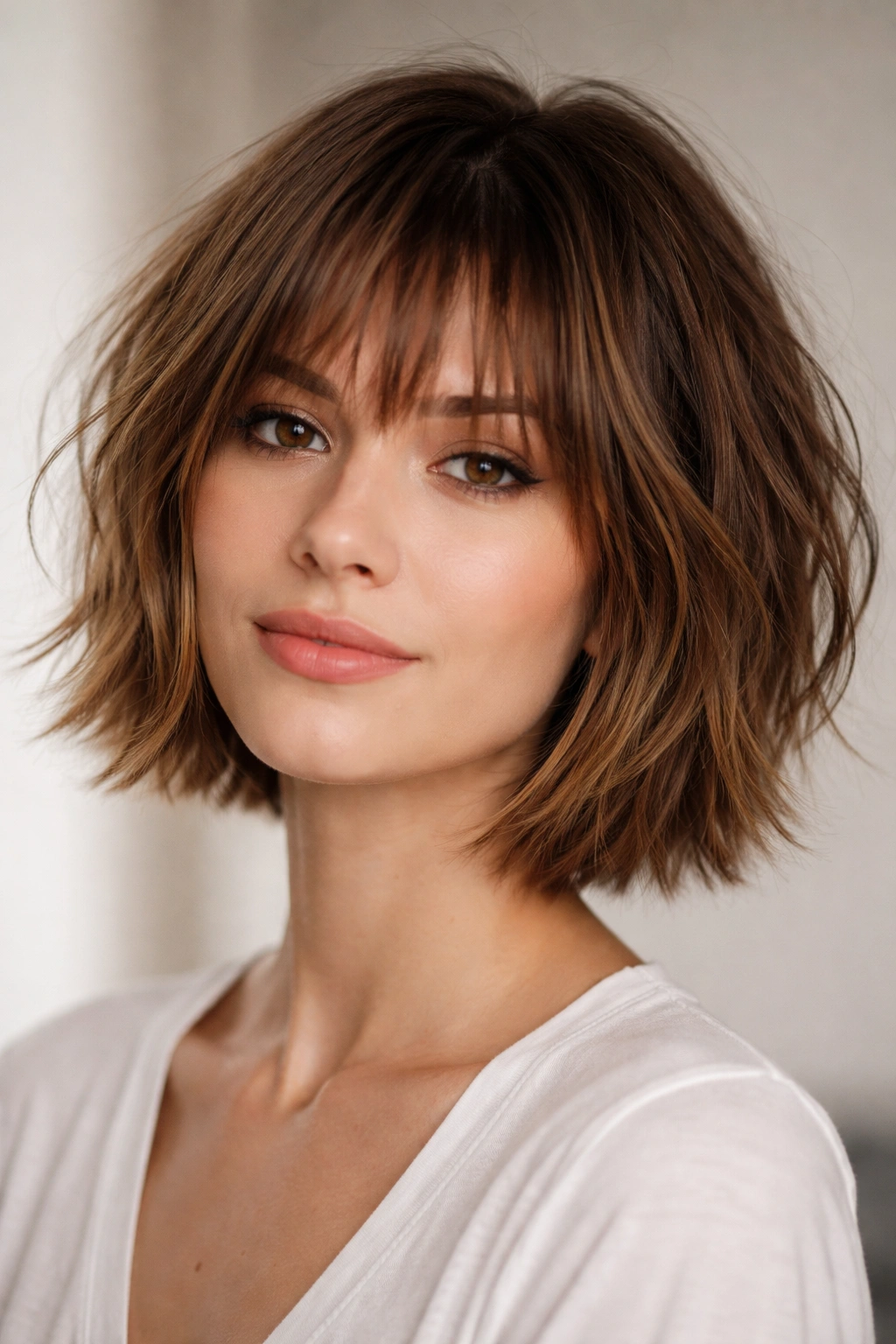 Choppy bob with piecey bangs showing layered texture on soft light backdrop