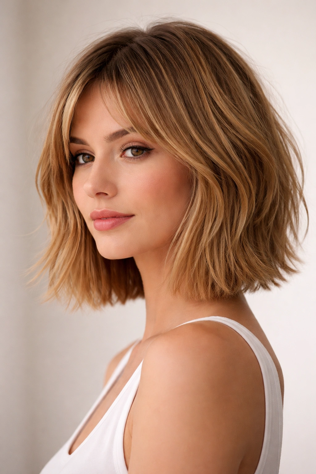 Choppy bob with piecey ends and a solid perimeter in a studio setting