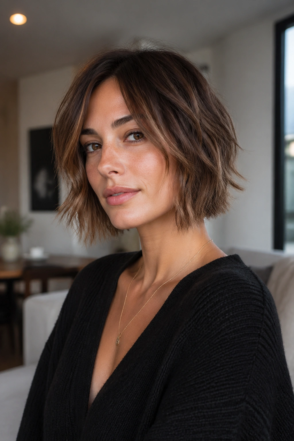 Close-up of a real woman with a choppy bob and piecey ends