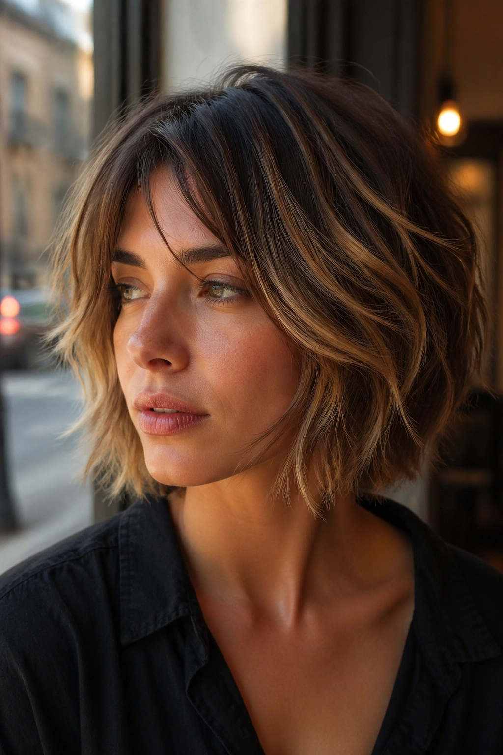 Close-up of a real woman's choppy feathered bob with piecey texture