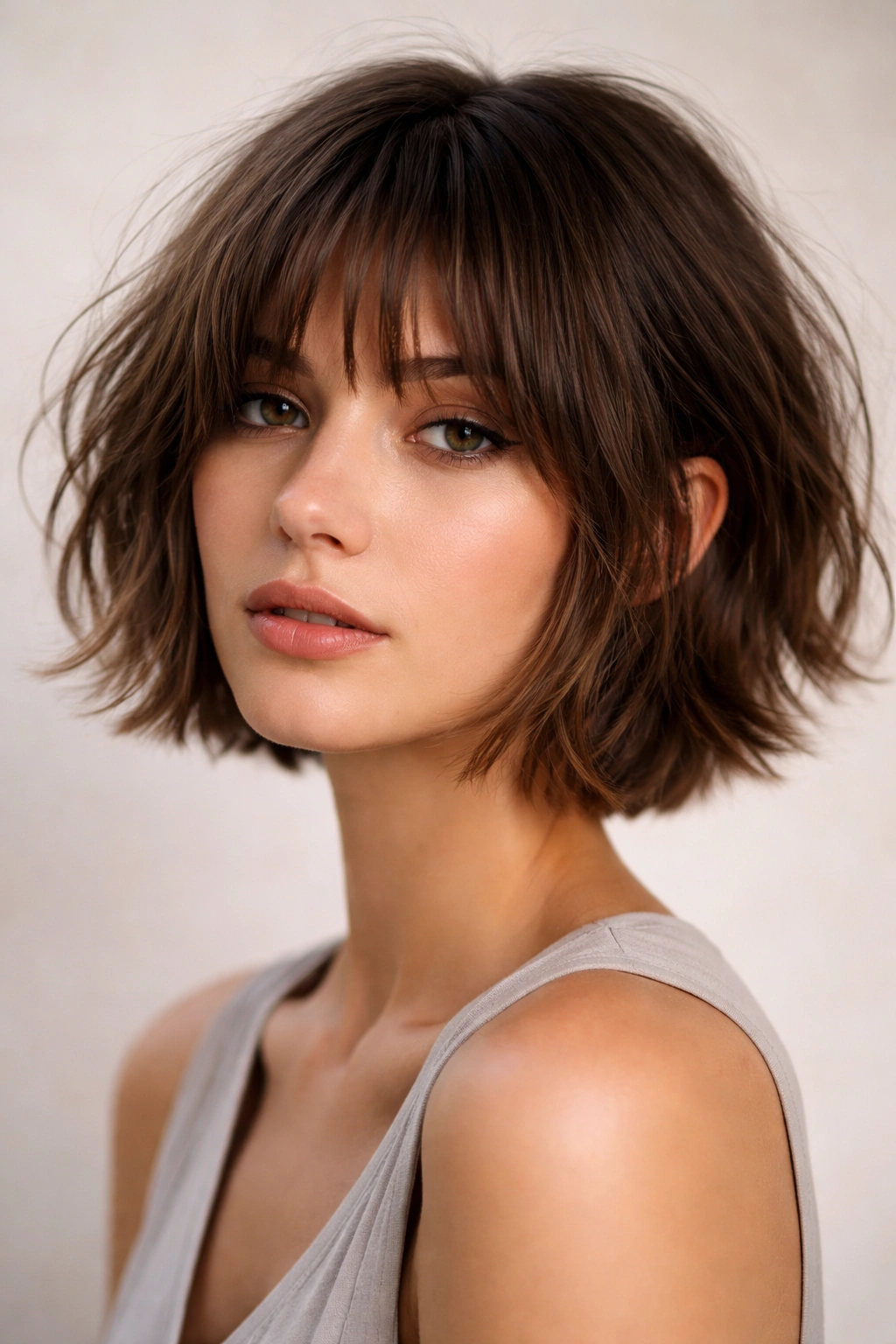 Choppy French bob with airy bangs highlighting cheekbone length