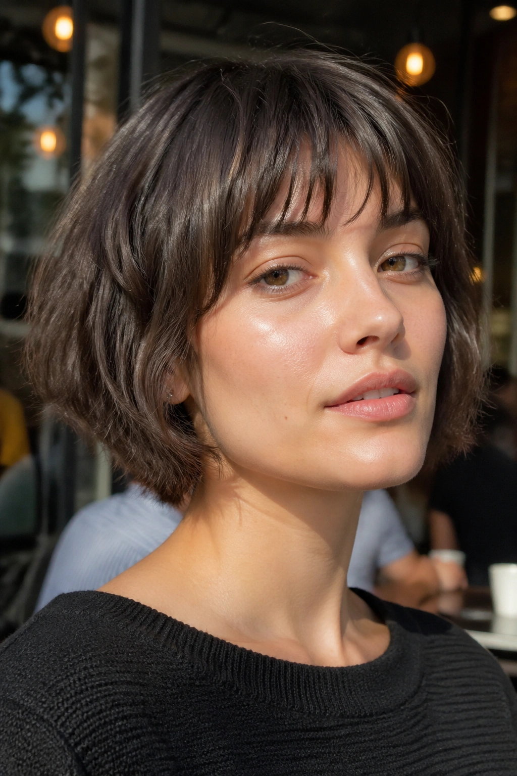 Portrait of woman with choppy French bob and wispy bangs in a daytime street setting