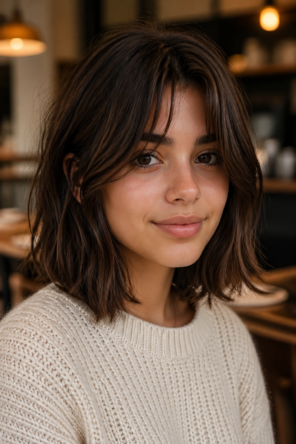 Real girl with curtain bangs and choppy lob in cafe light.