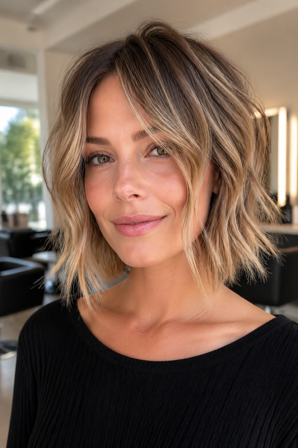 Close-up of a real woman with a choppy lob showing textured ends and face-framing layers.