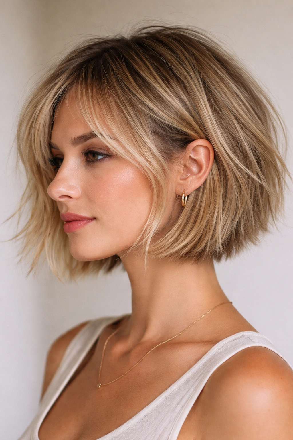 Close-up of a choppy razor bob with textured ends for fine hair.