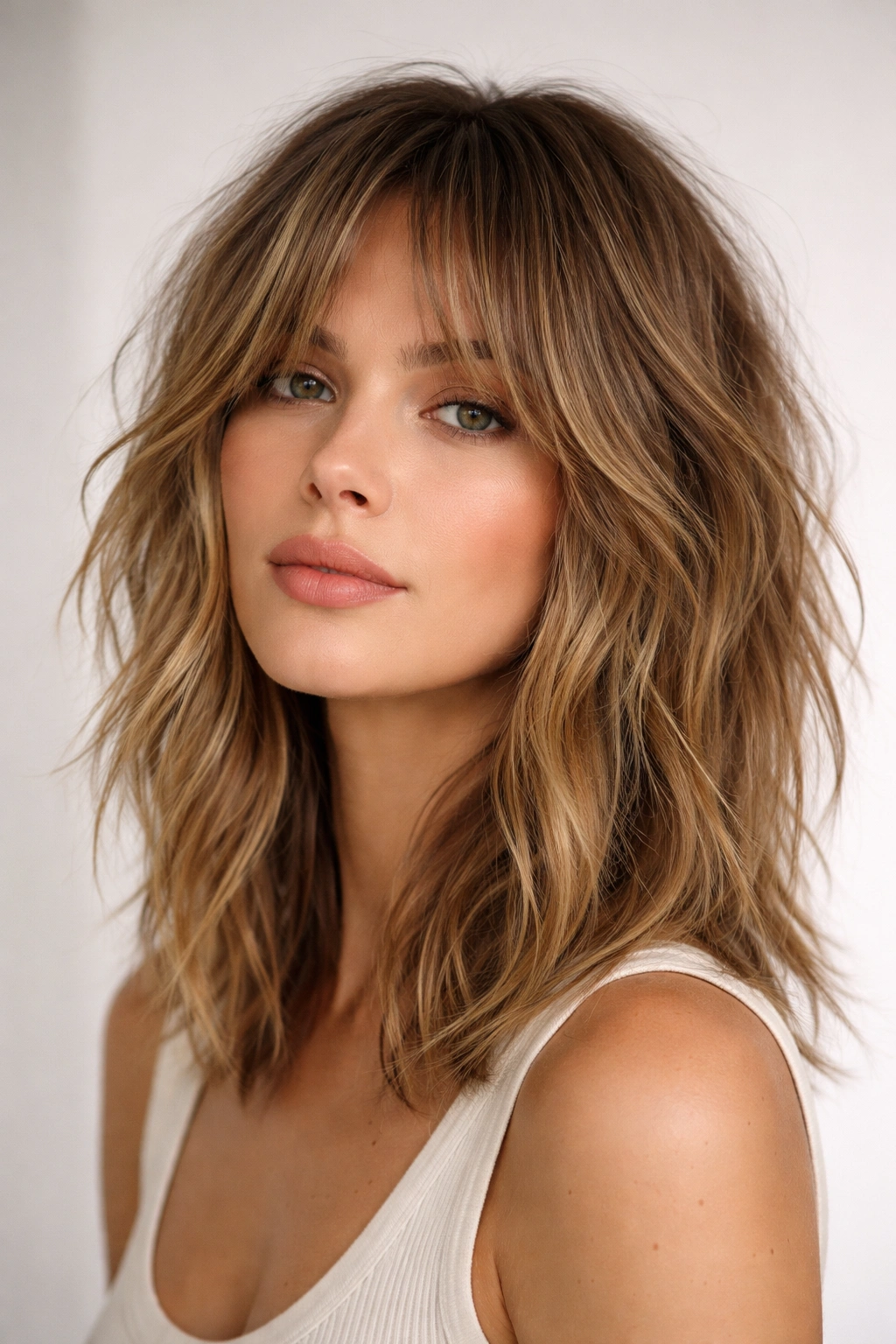 Portrait of a person with a choppy shag-lob showing uneven texture and air-dried finish.