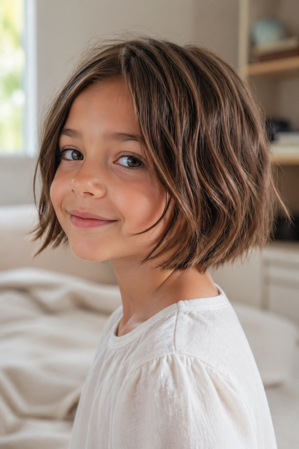 Close-up portrait of a child with a choppy textured bob and piecey ends in warm bedroom light