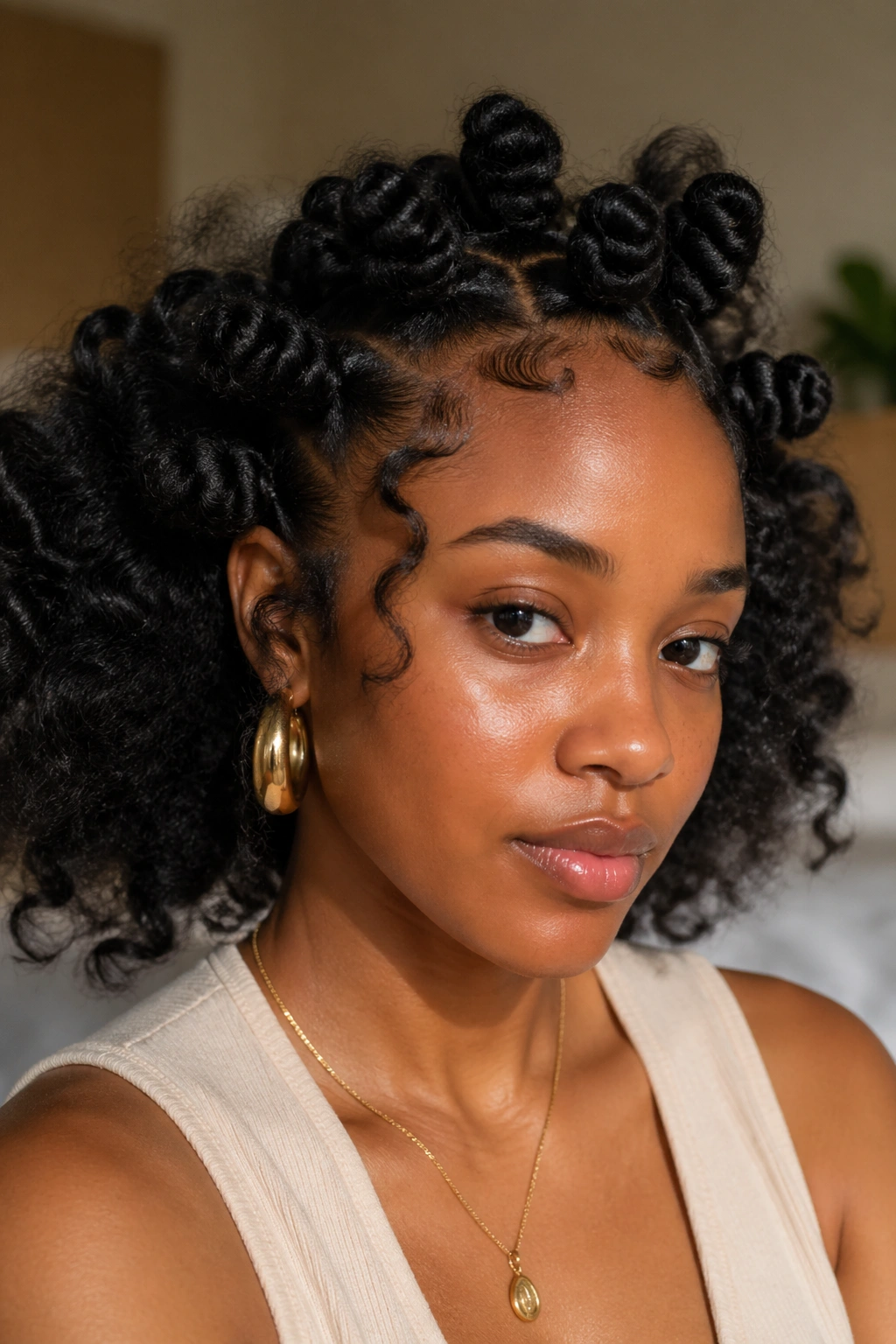 Close-up of a real woman with chunky knots and brushed-soft volume curls