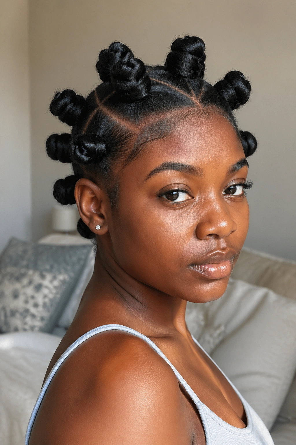 Close-up of chunky Bantu knots on stretched short natural hair under warm bedroom light