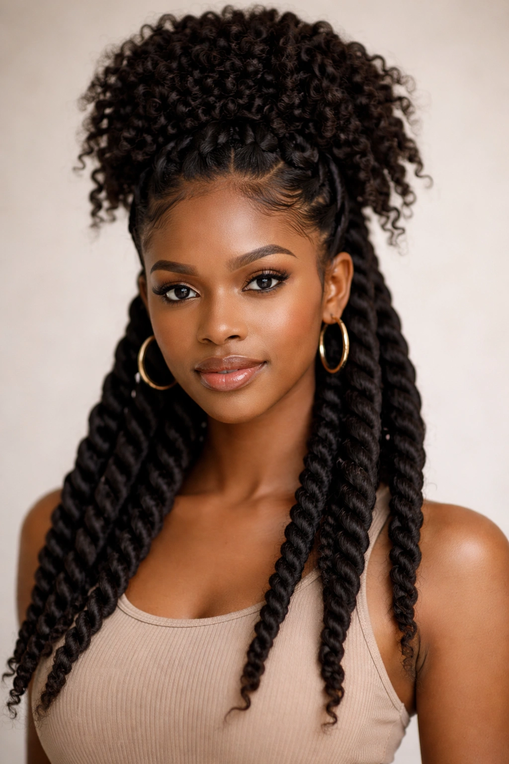Chunky rope twists on a high puff base with lifted crown.