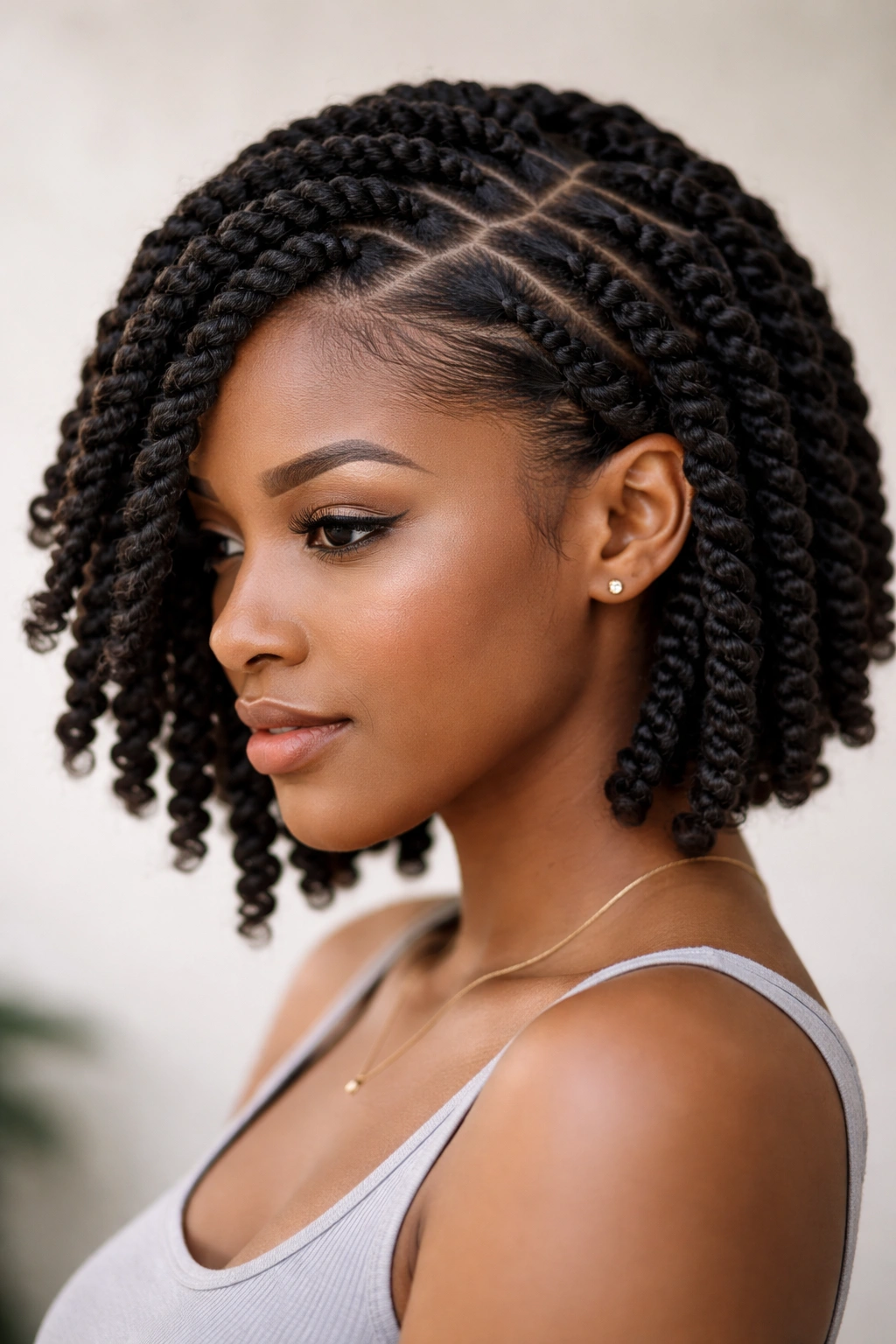 Chunky rope twists with a deep side part on short-to-medium hair