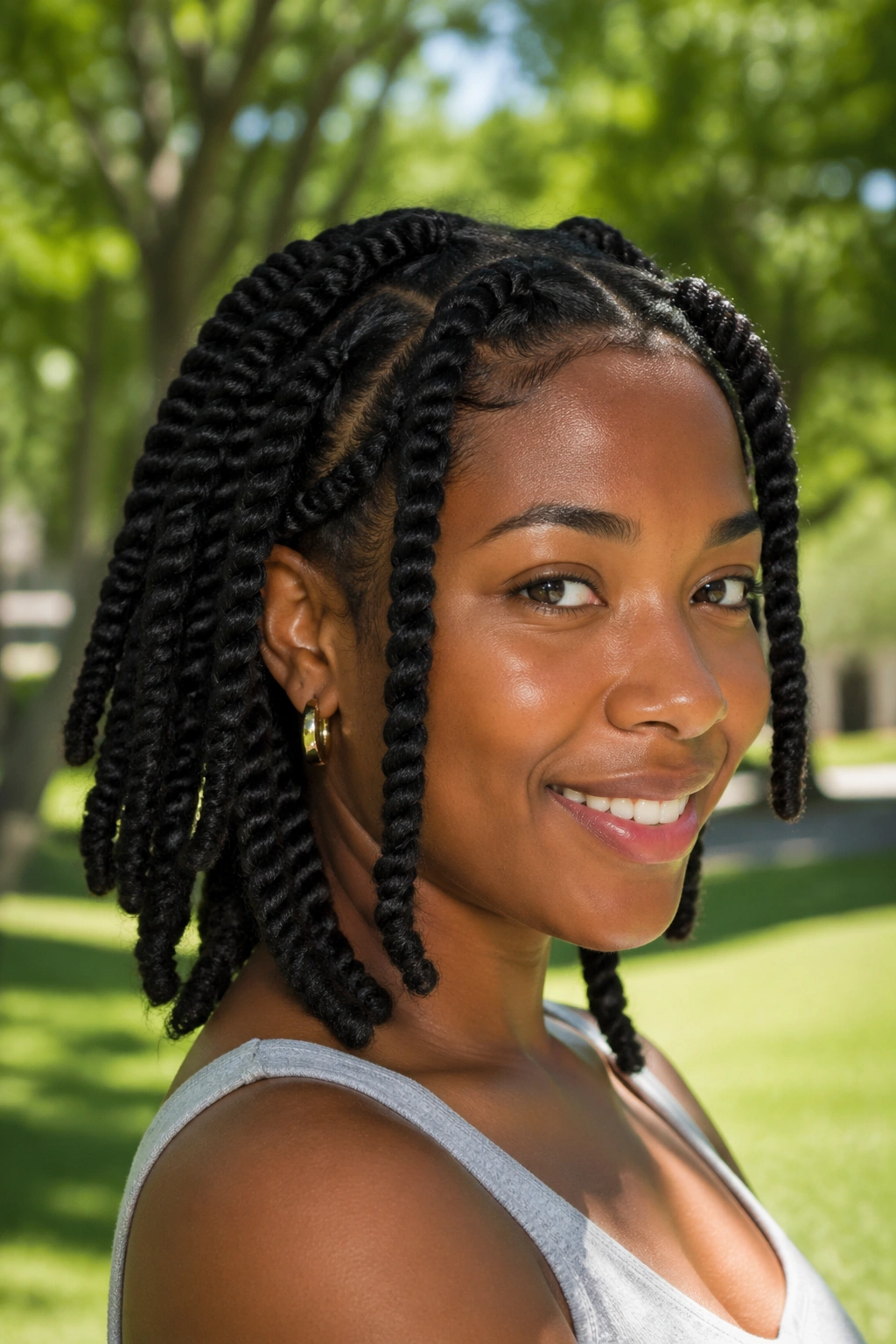 Portrait of a person with chunky two-strand twists outdoors in daylight.