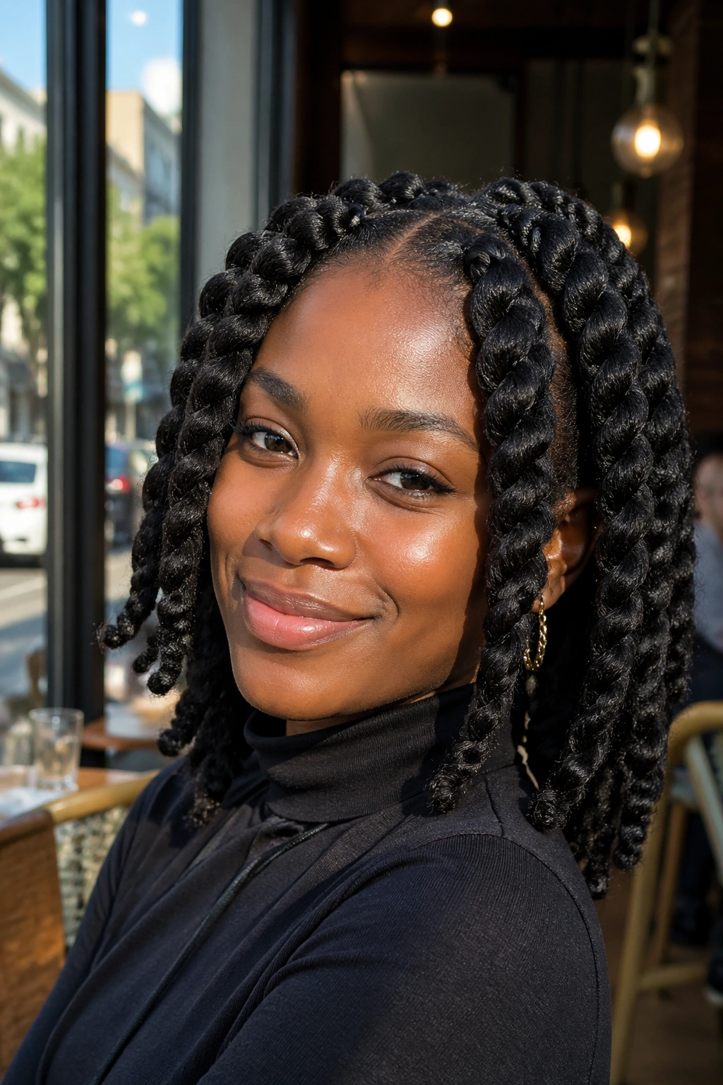 Close-up portrait of a real woman with chunky twists about 1 inch wide.