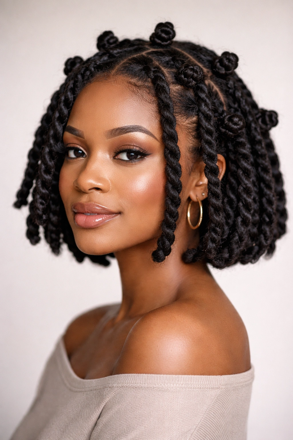 Chunky twists with scattered mini knots on a short bob