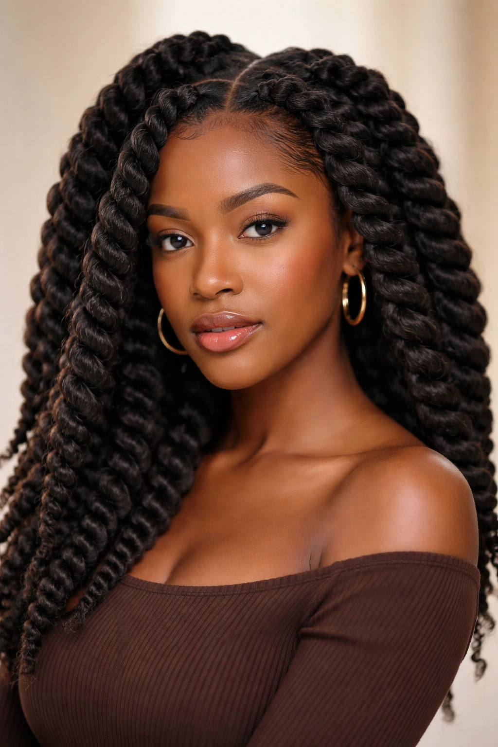 Chunky twists with large sections creating volume on natural hair.