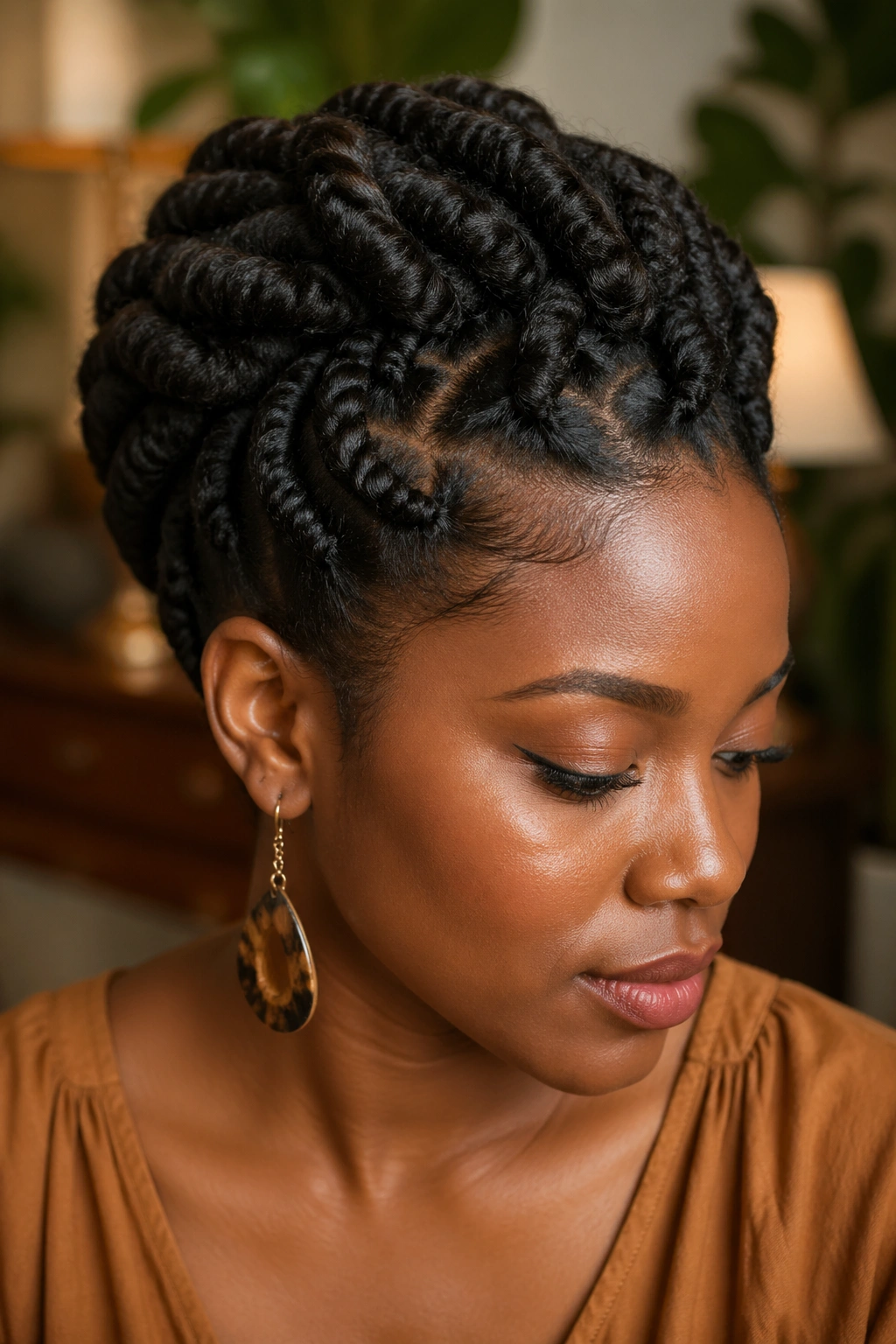 Real woman with chunky two-strand rolled twists updo