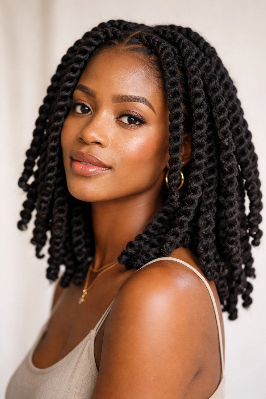 Close-up of chunky two-strand twists at shoulder length on Afro hair, studio portrait