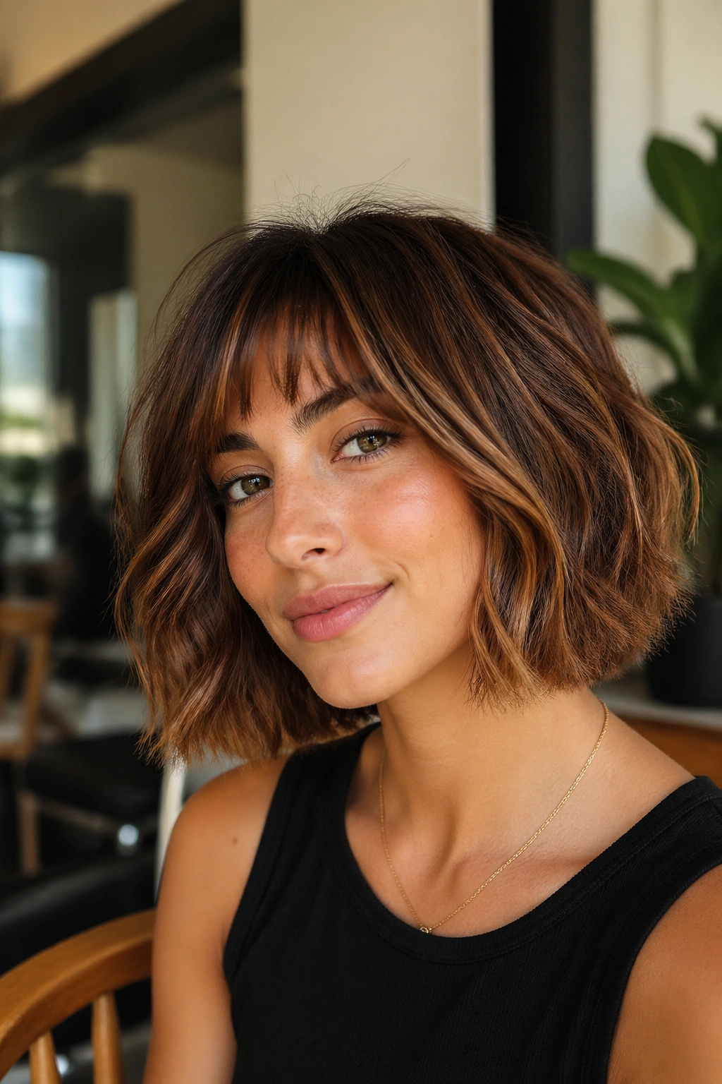 Close-up portrait of a real woman with cinnamon balayage on a tousled French bob