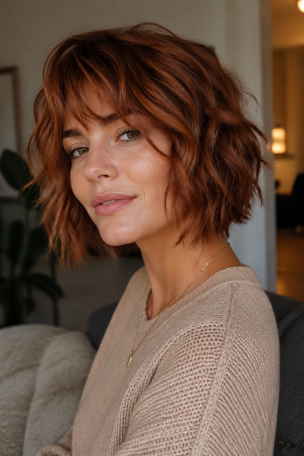 Close-up of a real woman with a cinnamon shag bob in warm reddish-brown tones