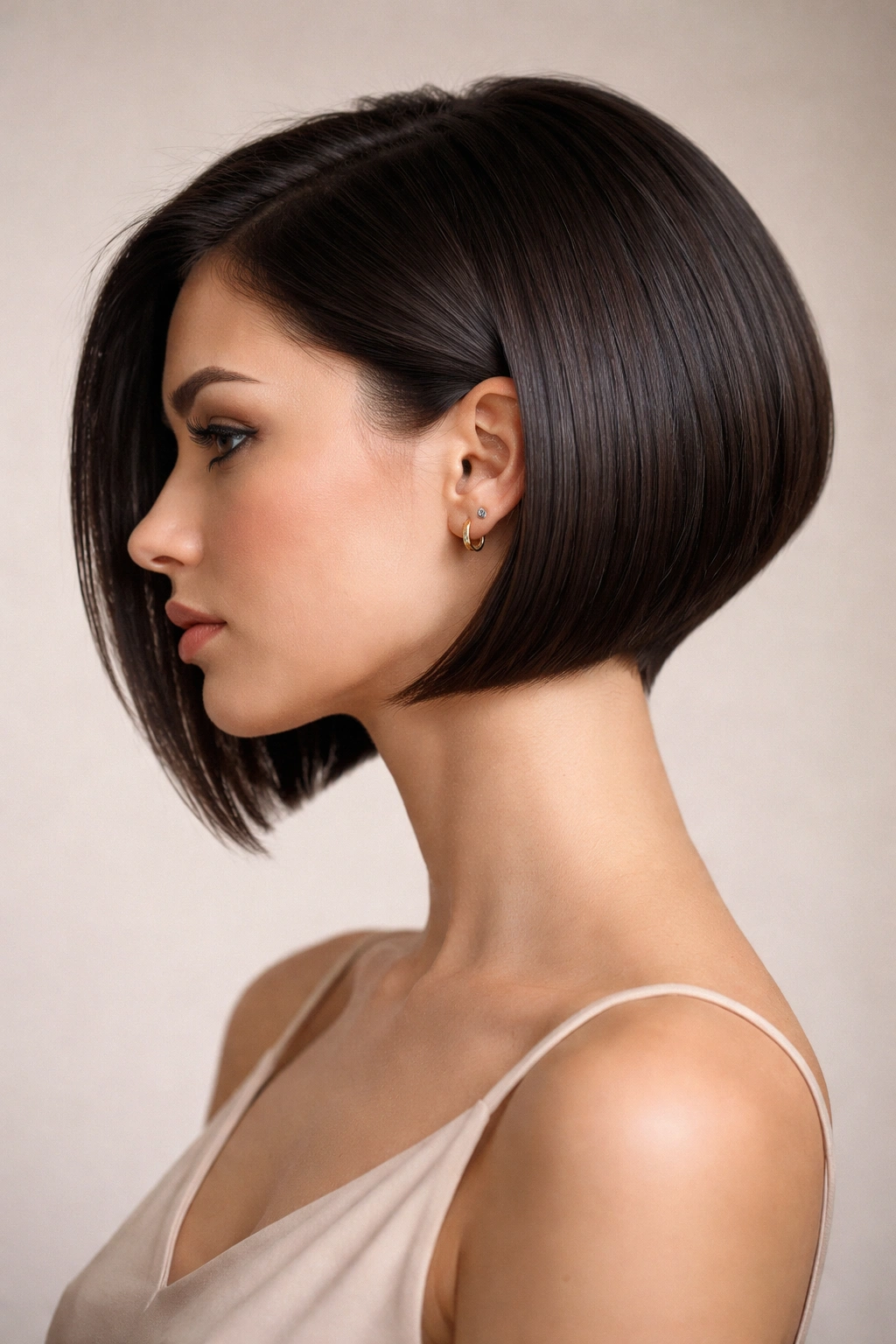 Close-up of a classic A-line diagonal bob on a model, nape tucked and front grazing the jaw