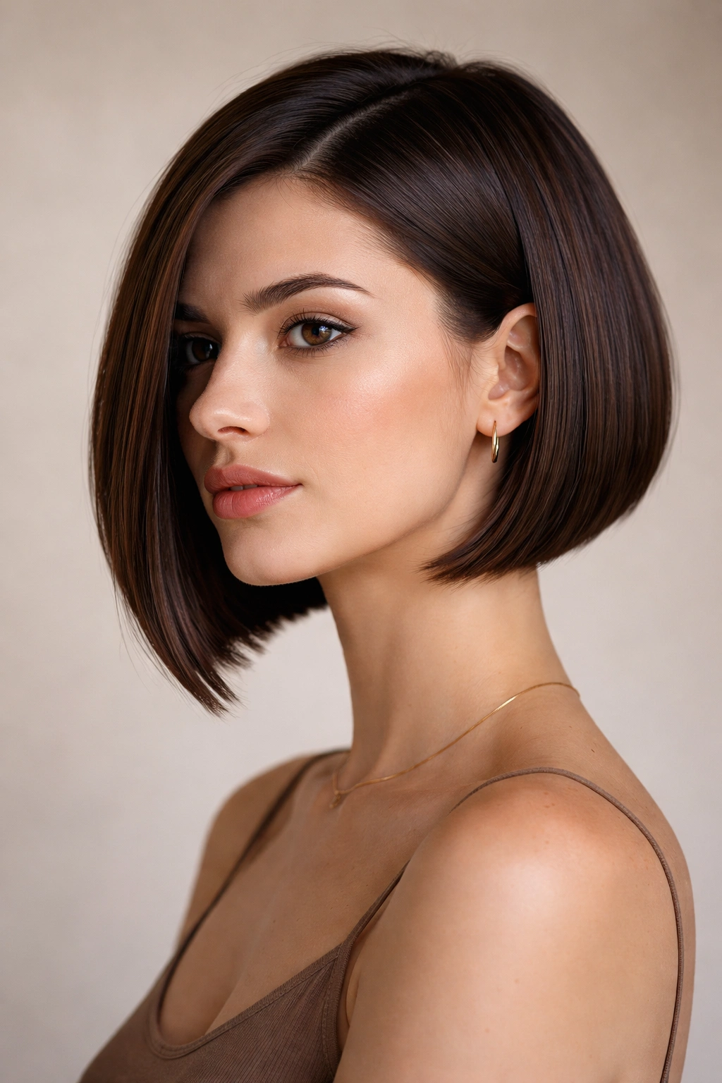 Close-up of classic chin-length A-line bob with blunt perimeter and chin-length front.