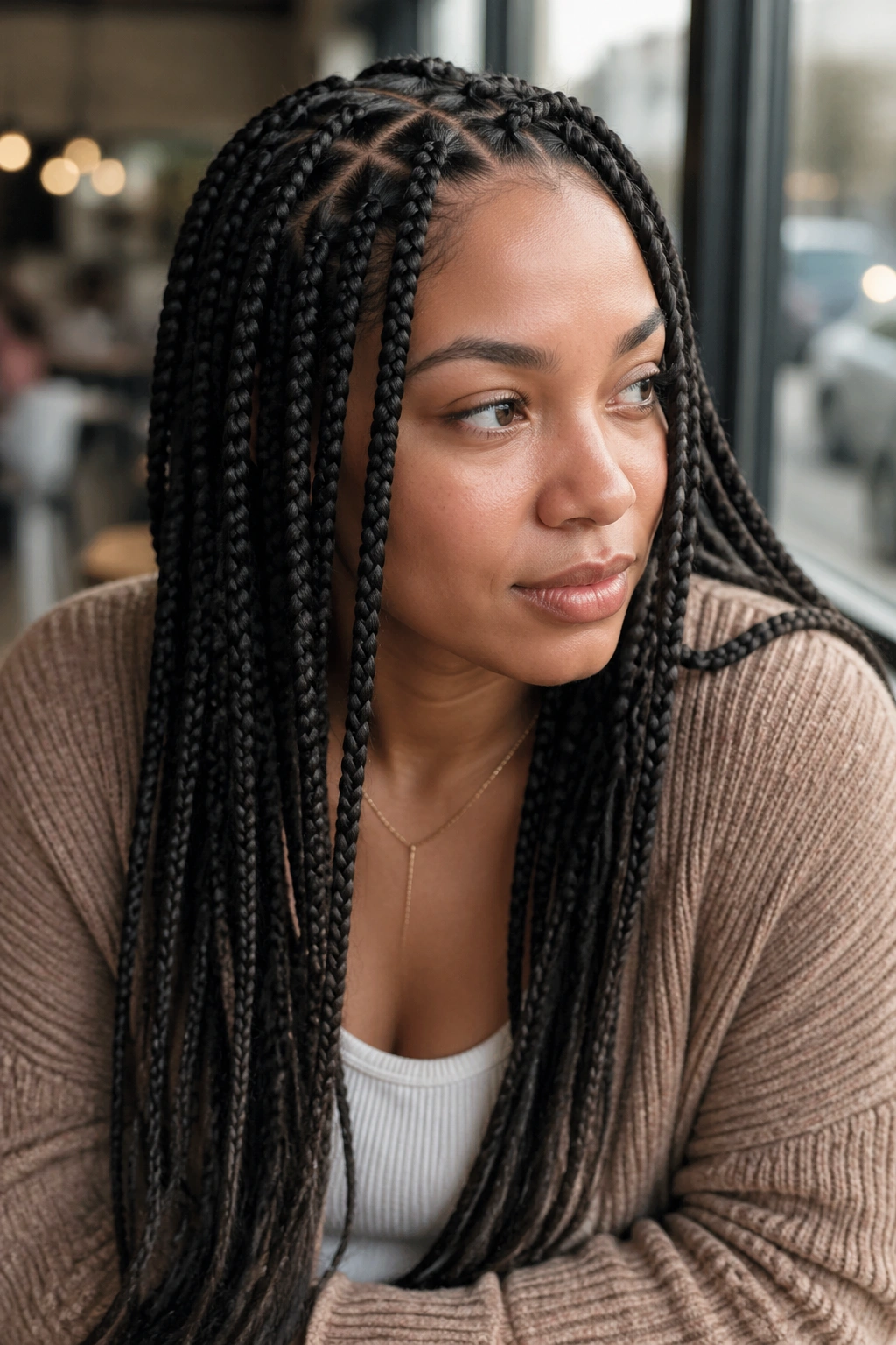 Close-up portrait of a real woman with classic box braids in natural daylight