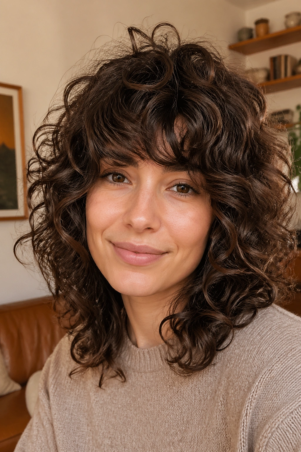 Close-up portrait of a real person with classic curly shag showing lifted crown and soft ends