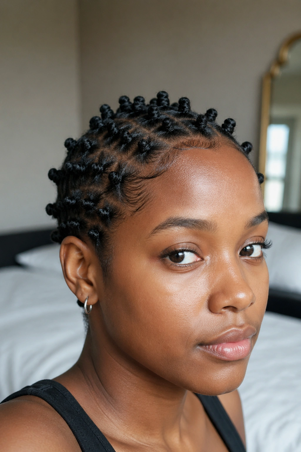 Close-up of a real person with classic mini bantu knots on short natural hair