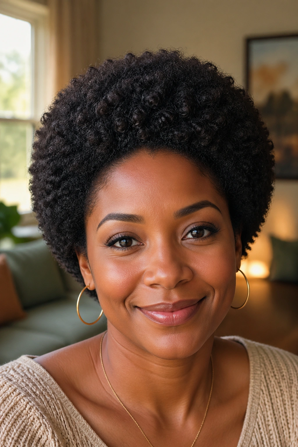 Close-up portrait of a real woman with a classic rounded mini afro in warm window light.