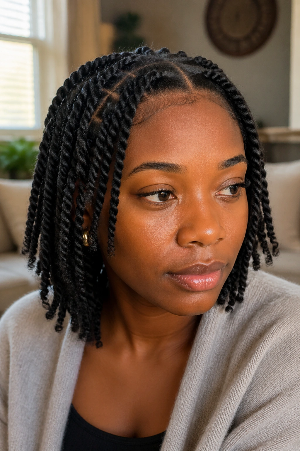 Close-up portrait of a real woman with classic two-strand Afro twists.