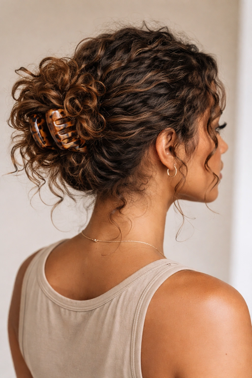 Claw-clip messy bun secured with a large clip on curly hair