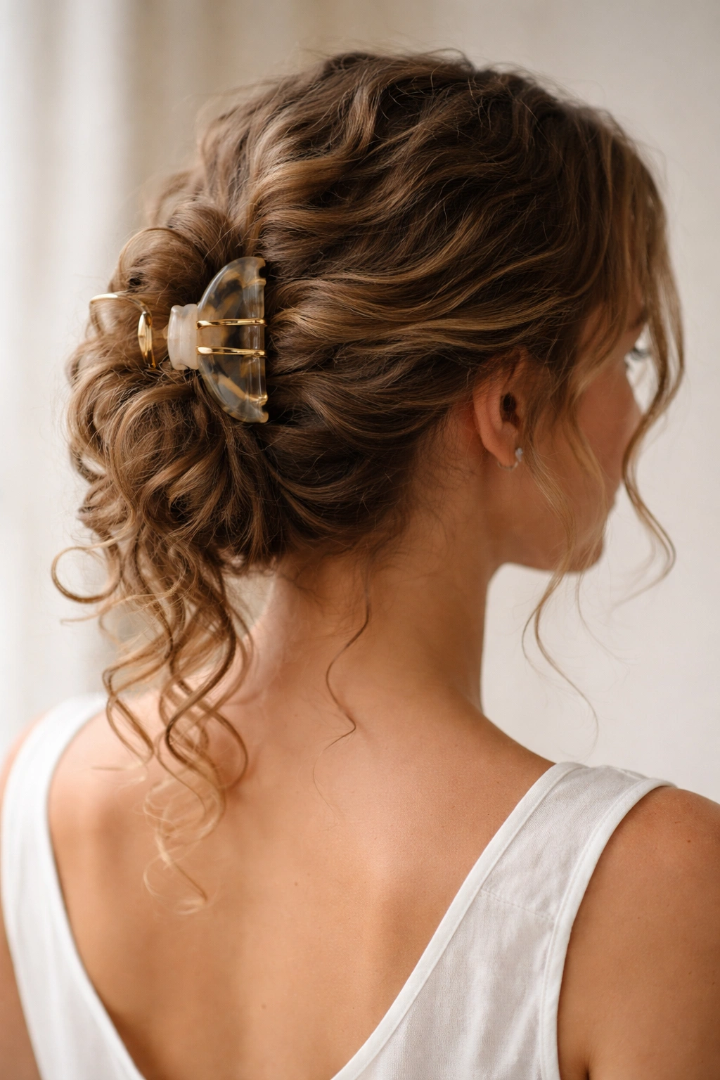 Curly updo with a claw clip twist and loose curls spilling at the nape