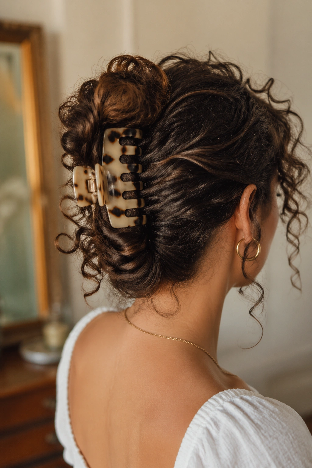 Three-quarter back view of real person with claw-clip French twist
