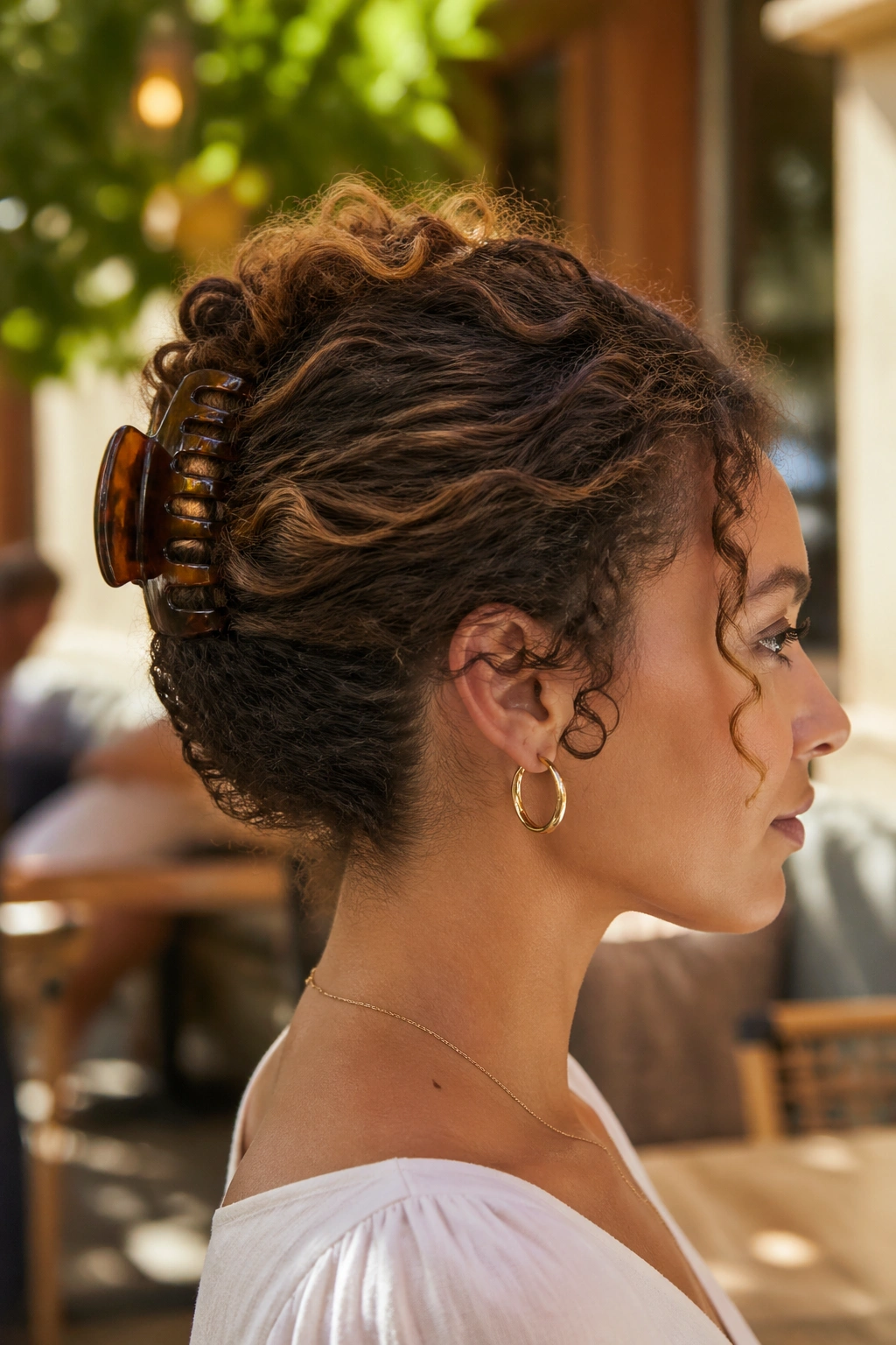 Real woman with claw-clip French twist hairstyle outdoors