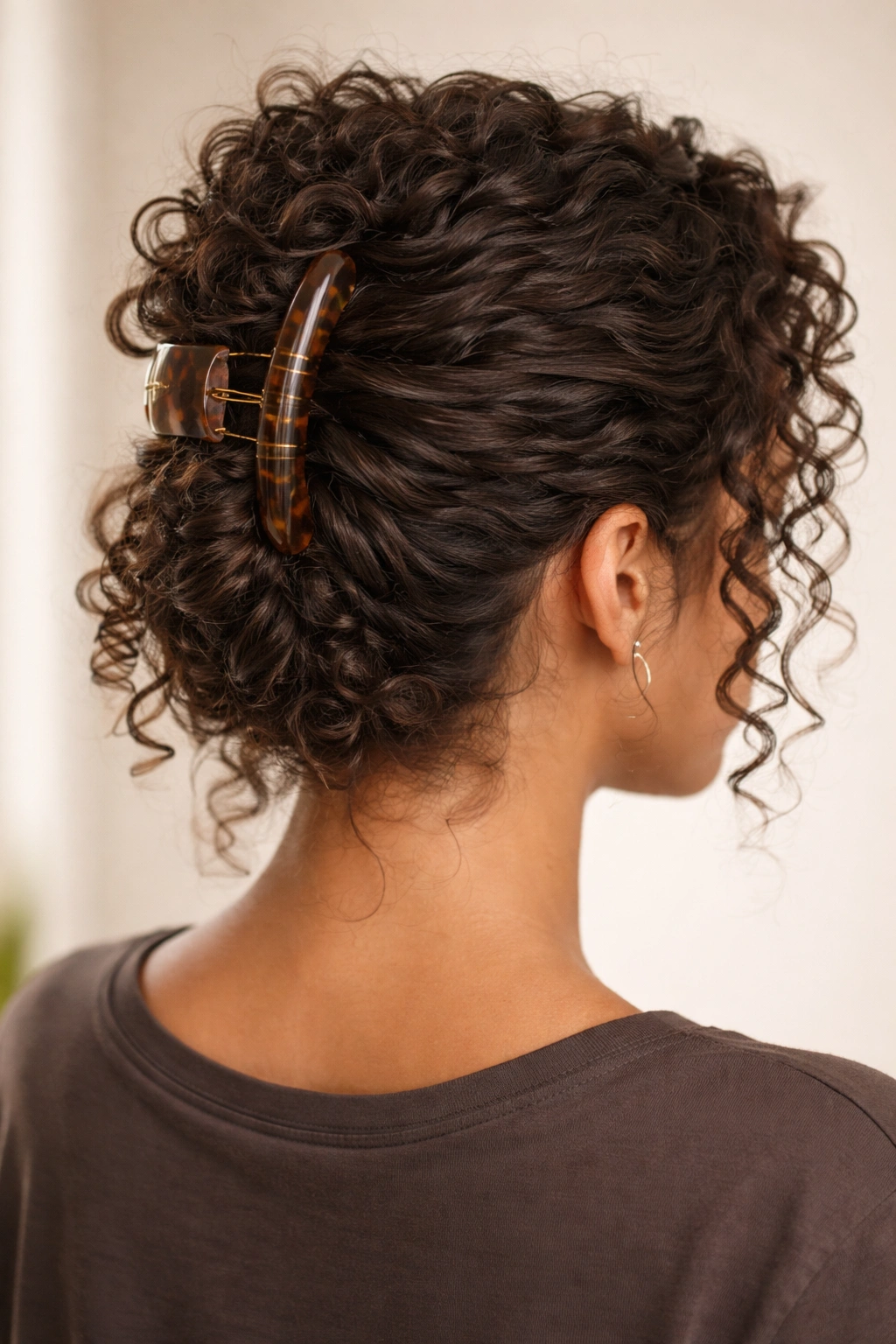 Claw clip French twist on curly hair with curls tucked at the nape