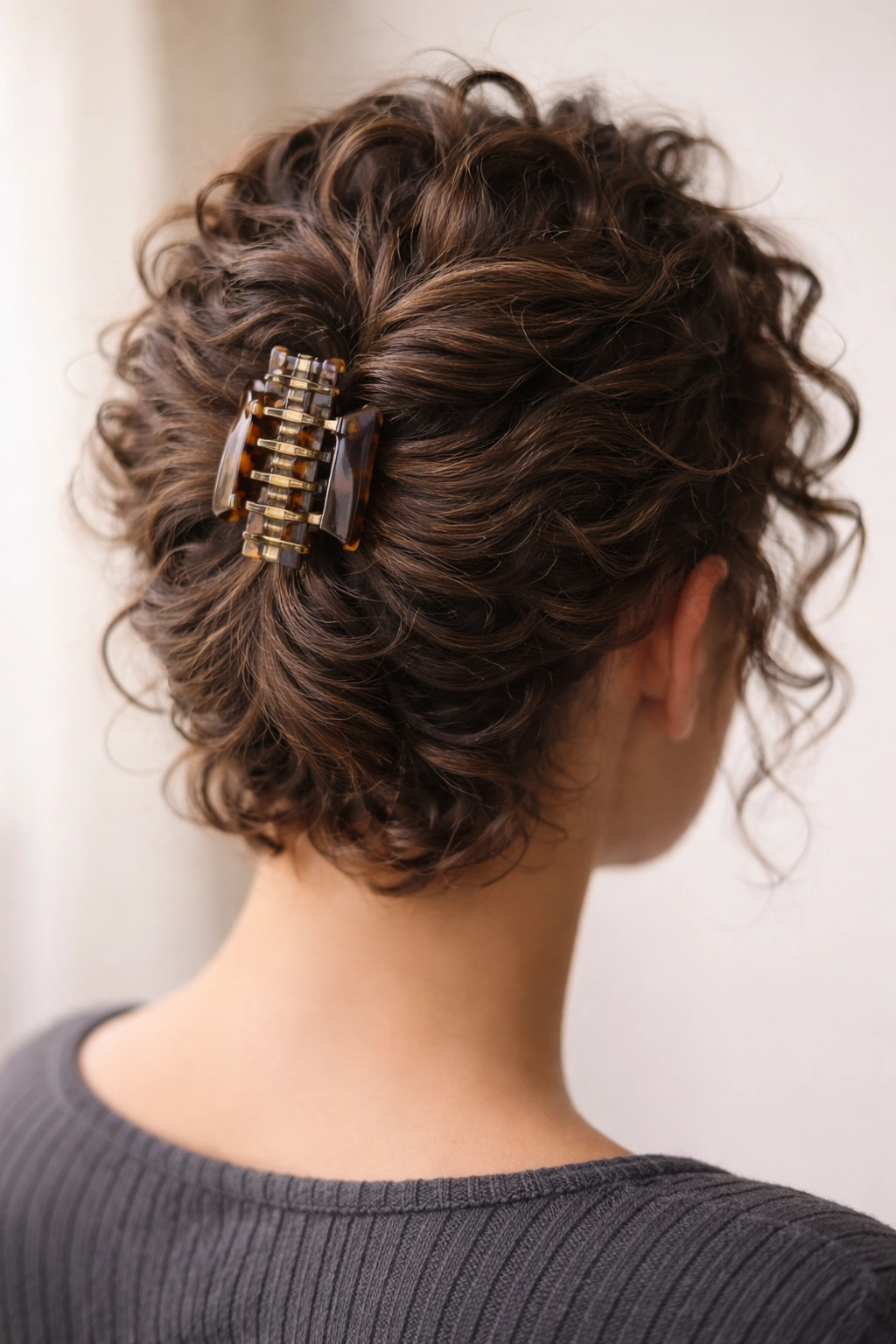Back view close-up of short curls in a claw-clip French twist