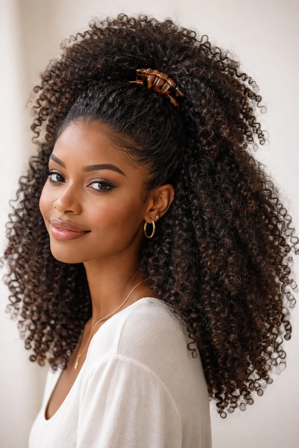 Half-up style secured with a large claw clip, with loose afro below.