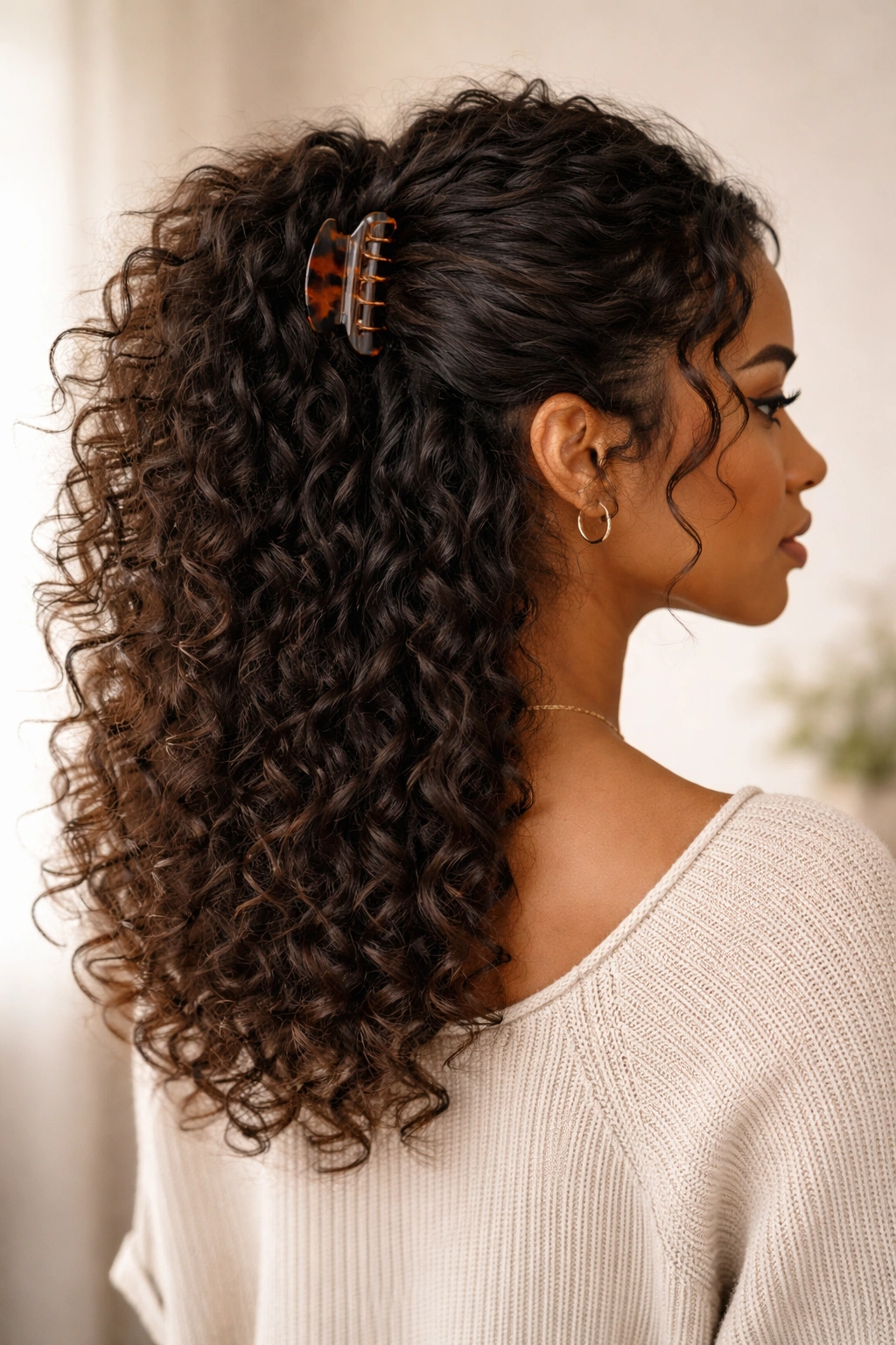 Claw clip half-up hairstyle with curls fanning below