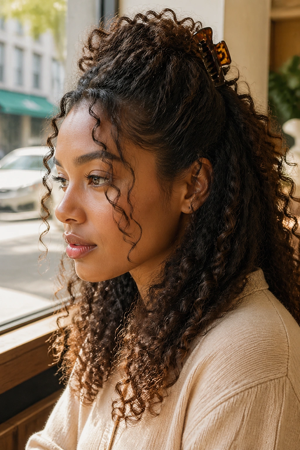 Close-up of a real woman with half-up half-down hairstyle and claw clip