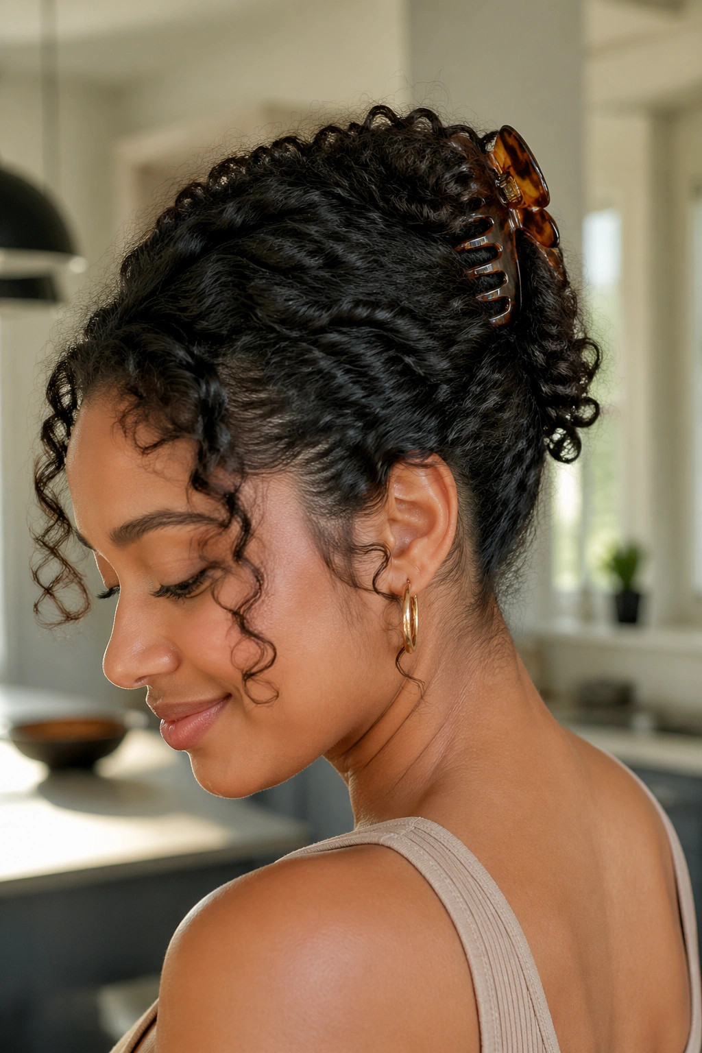 Close-up of a real person with a quick twist secured by a claw clip