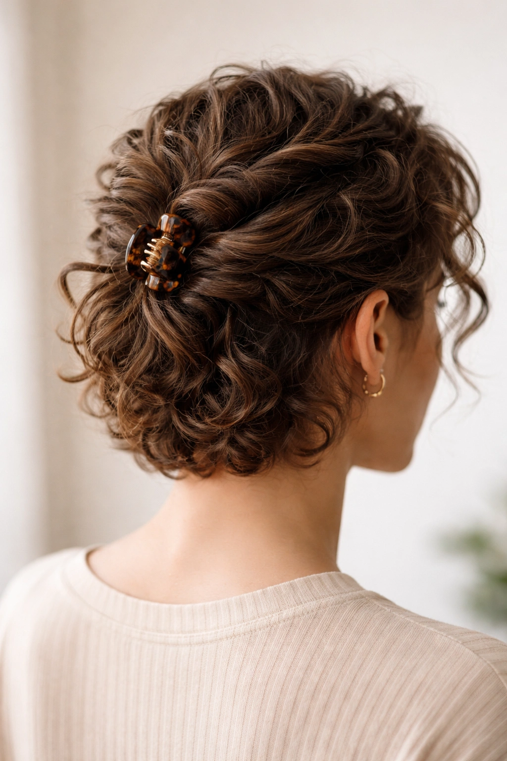 Back view of twisted short curls secured with a claw clip