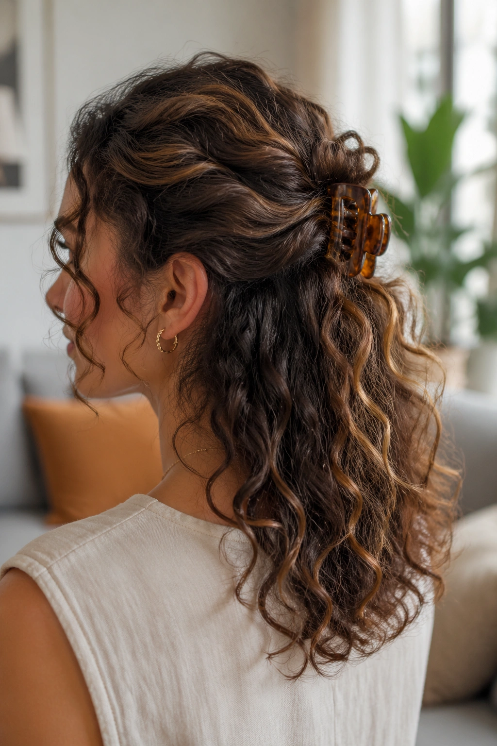 Close-up portrait of a real woman with a half-up claw clip twist hairstyle.
