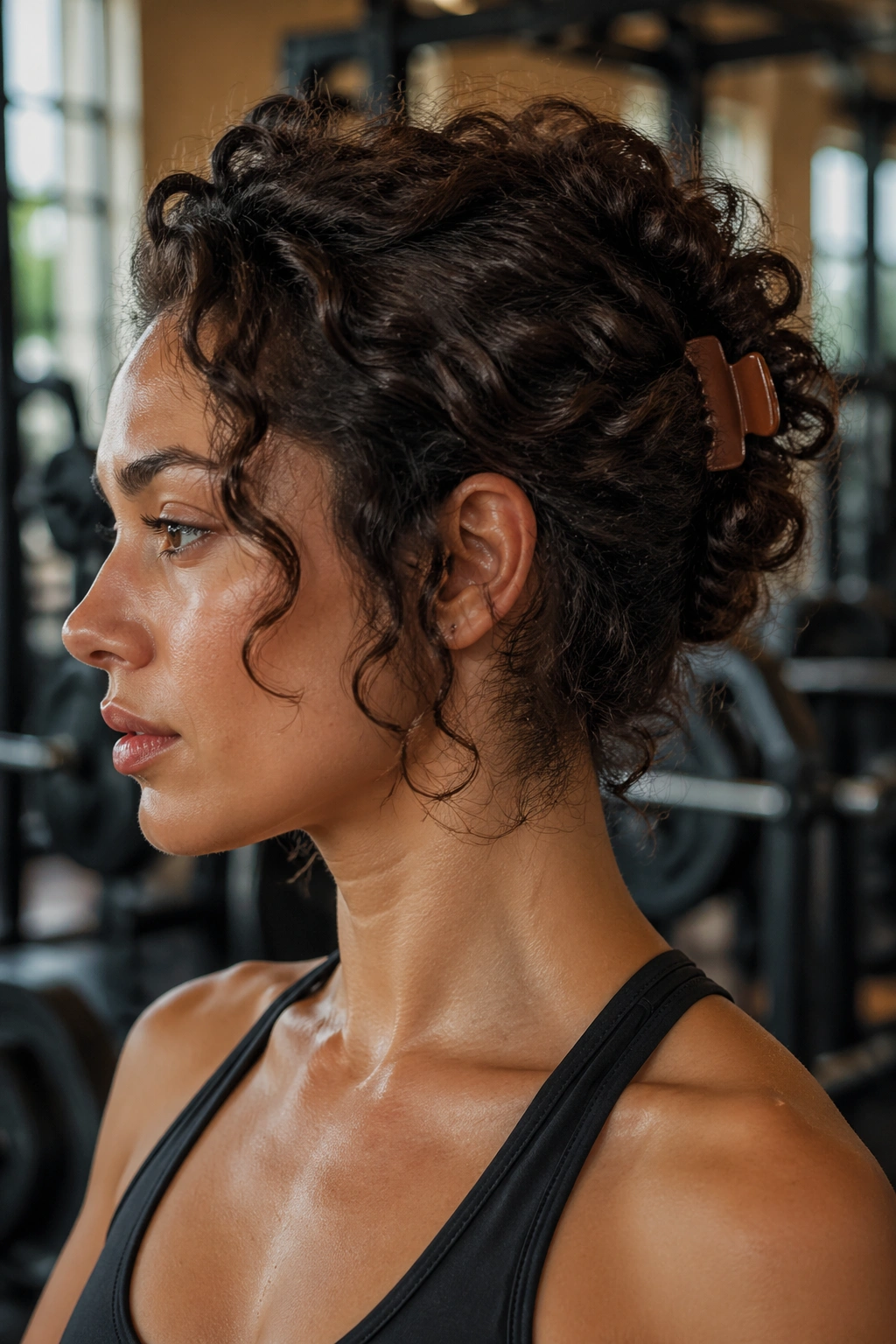 Real person with a claw clip twist on shorter curly hair in gym.