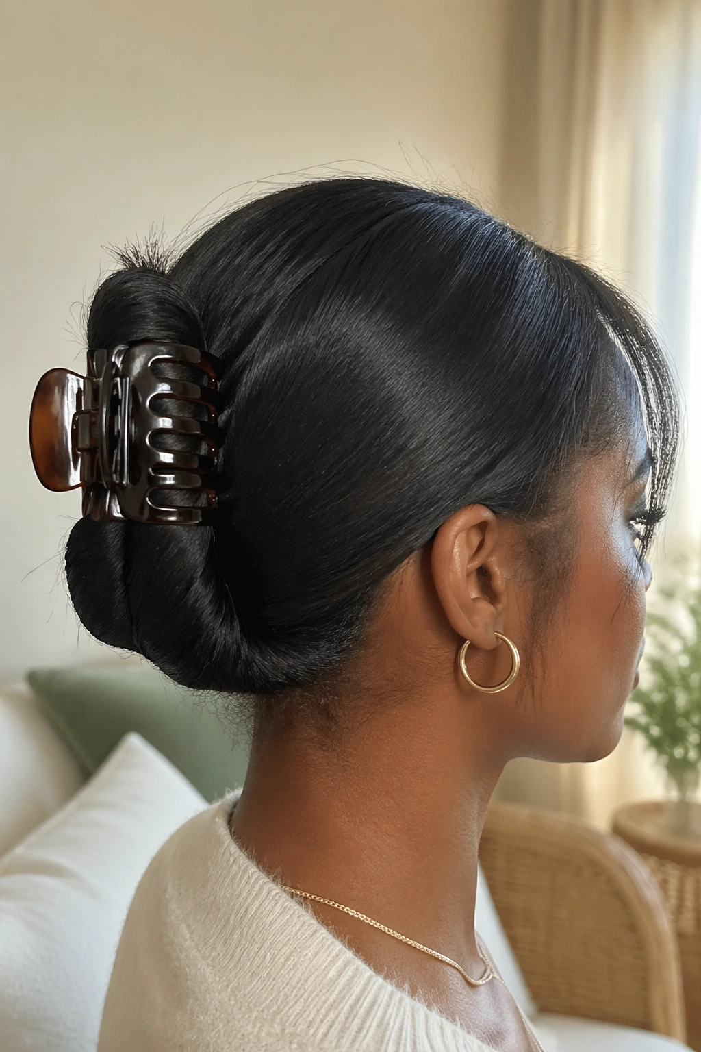 Close-up of a woman with a claw-clip twist on silk-pressed hair at the nape