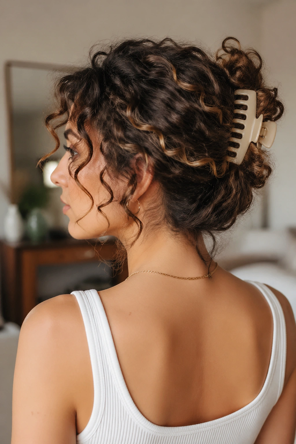 Close-up of claw-clip twist-up hairstyle on curly hair