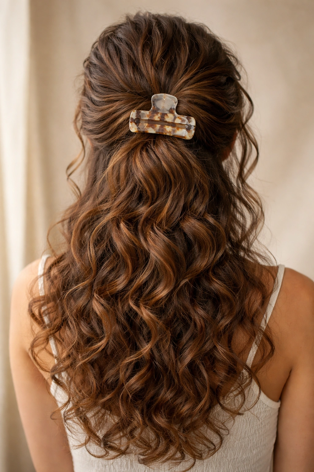 Twisted back hair secured with a wide claw clip on long curls